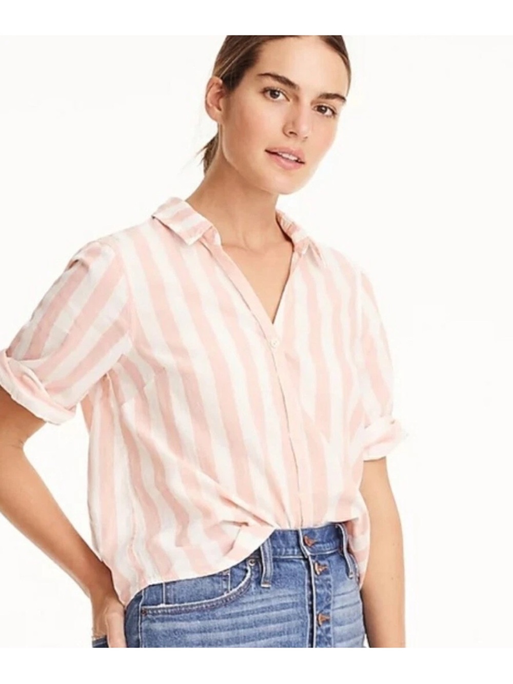 J. Crew Pink and White Striped Button-Down Cotton Shirt